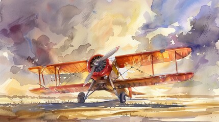 Retro-style watercolor featuring an iconic biplane against a backdrop of vast, open skies and distant horizons, symbolizing freedom and exploration