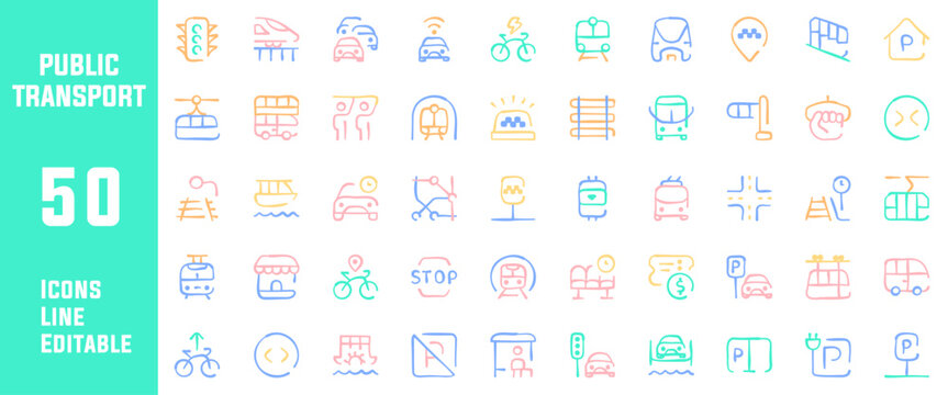 50 Public Transport Icons Set Line Editable Vector Illustration