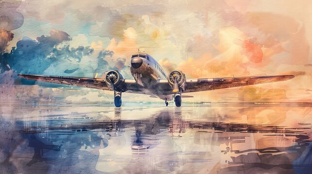 Vintage Douglas DC-3 aircraft watercolor, flying over a calm ocean with soft cloud reflections in the water, symbolizing the reach and impact of aviation