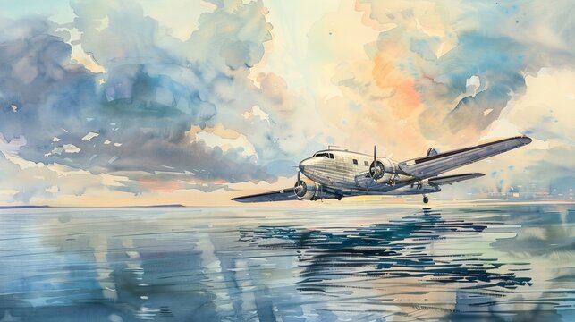Vintage Douglas DC-3 aircraft watercolor, flying over a calm ocean with soft cloud reflections in the water, symbolizing the reach and impact of aviation