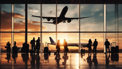 Silhouette of passengers waiting in front of the window at the airport and the airliner. sunset view

