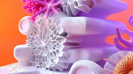Y2K sea corals and stars inspired stacked shapes in a 3d surrealist rounded shapes geometric style, vibrant colors, dopamine image