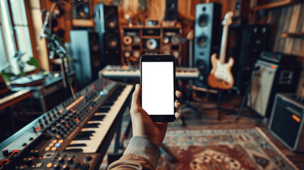 A hand showcasing a smartphone with a blank screen in a cozy music studio surrounded by guitars, keyboards, and sound equipment.
