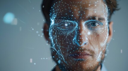 A man's face is shown in a computer generated image with a blue