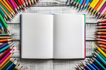 A book is open to a blank page with a bunch of colored pencils surrounding it - Powered by Adobe