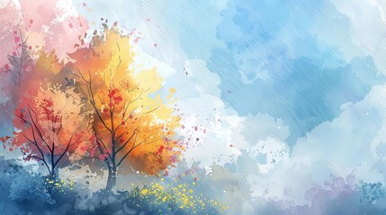 a colorful autumn scene featuring a yellow and orange tree against a blue sky