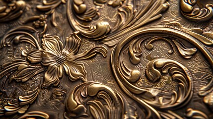 High-resolution photo of a detailed embossed bronze surface, featuring traditional motifs that add a sense of antiquity and luxury to any setting