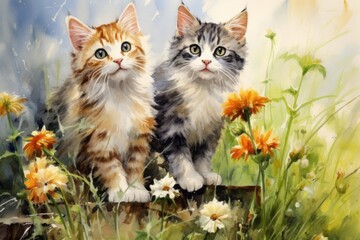 Painting of Two Kittens Sitting in a Field of Flowers