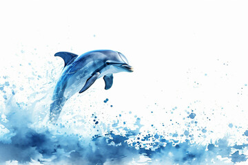 Generative AI watercolor illustration of a dolphin jumping out of the water in the ocean o a white background.