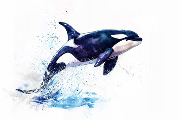 Generative AI watercolor illustration of a killer whale jumping out of the water in the ocean o a white background.