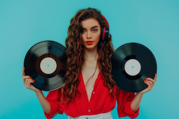 Young woman in headphones looking at camera and closing her face with vinyl record