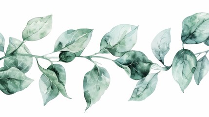 High-resolution image showcasing delicate foliage painted in watercolors, with each leaf intricately detailed and isolated on a white background to emphasize its elegance