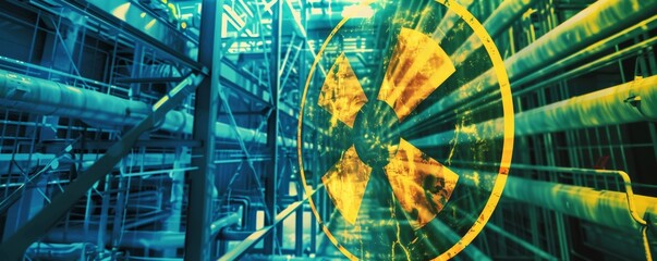 Inside a nuclear power plant with prominent safety symbols and vibrant lighting