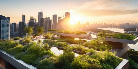 Fototapeta premium Golden Cityscape: Sunset Illuminates the Skyline, Creating a Breathtaking View