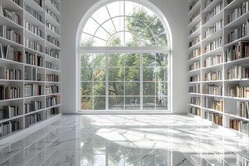 A minimalist library bathed in soft, natural light from a large window.
