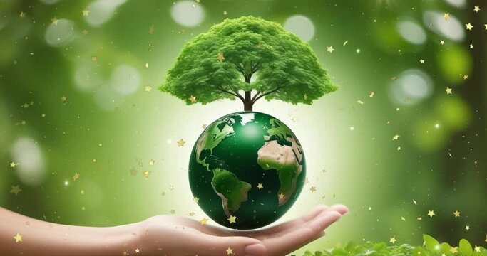 hand holding green tree with globe inside on blurred background, concept of ecology and environment protection, earth day, world environment day