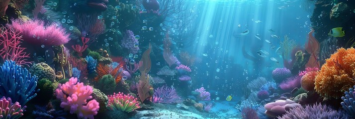 a colorful underwater world featuring a variety of fish and flowers, including purple, blue, yellow