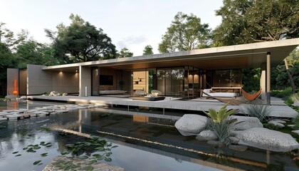 Fototapeta na wymiar Architecture 3d rendering illustration of modern house with natural landscape
