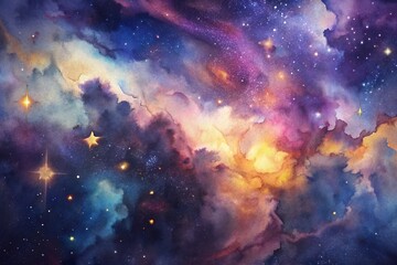 Naklejka premium Celestial Symphony: Celestial-inspired splatters of blues, purples, and golds against a dark background, resembling a cosmic dance of stars and galaxies. 
