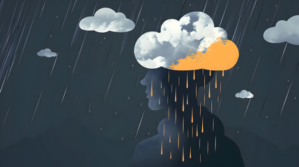 Illustration of a storm cloud inside a head to symbolize depression.


