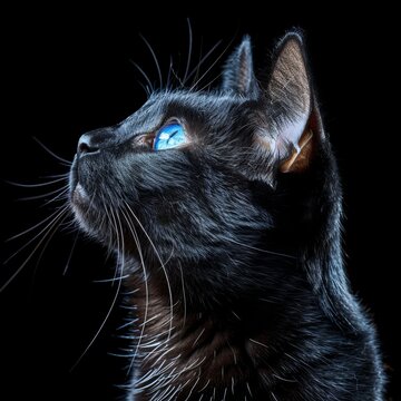 Black cat portrait  stunning blue eyed feline on dark background captured with sony a1 at 85mm f8