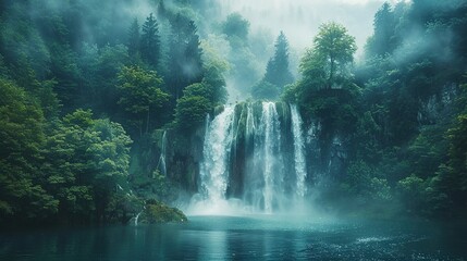 waterfall surrounded by misty forests