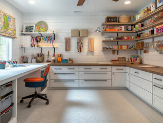 Industrial artist workspace with a desk and a shelf with various products