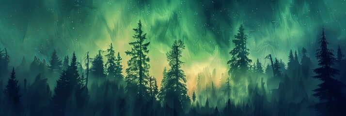 a serene forest scene with tall green trees illuminated by the northern lights