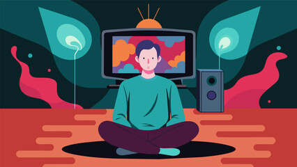 Digital photography of a person sitting in front of a television with distorted images and voices coming from the screen.. Vector illustration