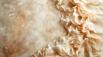 A white fabric with ruffles is displayed on a tan background - obrazy, fototapety, plakaty