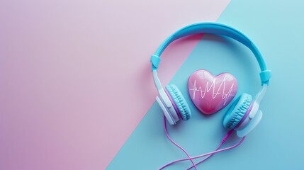Blue headphones with heart shape on pink and blue background, perfect for romantic and relaxation soundtracks