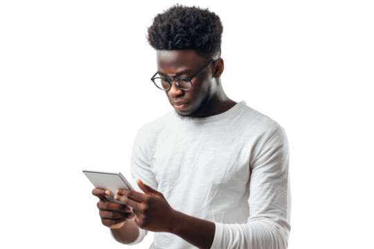Studio portrait company business worker smart young African American man with serious face holding tablet, isolated on transparent png background.