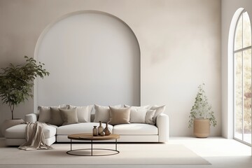 A large white living room with an arche, window, sofa and coffee table and green plant in the...