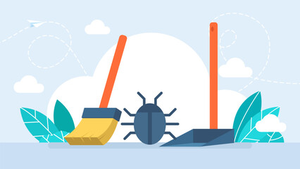 Service and debugging concept. Broom cleaning from bugs and viruses. Bug, broom, scoop, remove, delete, destroy, programming, testing, PC. Data protection, information security. Vector illustration