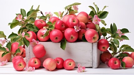 Natural, farm apples in a white wooden box with blossom branch on a white background