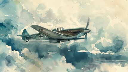 Watercolor illustration of a Messerschmitt Bf 109 cruising through a sky dotted with cumulus clouds, capturing its advanced maneuverability