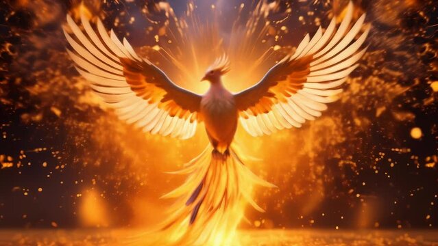 Radiant phoenix spreads fiery wings, ascending from sparkling golden ashes against a warm bokeh background. Symbolizes rebirth, resilience and triumph. Majestic, ethereal and inspiring mythical scene.