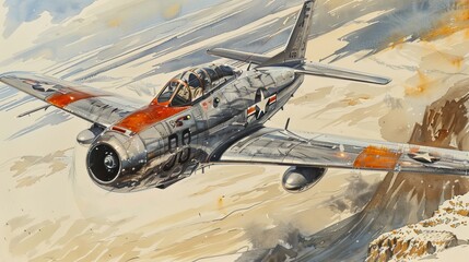 Watercolor of a North American F-86 Sabre flying over a white desert under a sunlit sky, the stark landscape enhancing the aircraft's sleek design