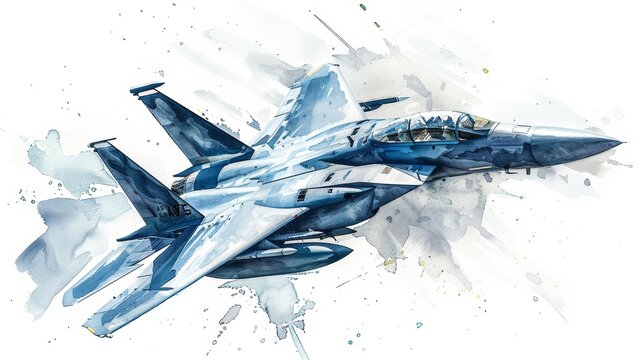 Watercolor of a fighter jet soaring high with sleek lines and dynamic angles, set against a crisp white background, perfect for a game room