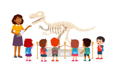 little kid and friends visit museum to watch fossil © Colorfuel Studio