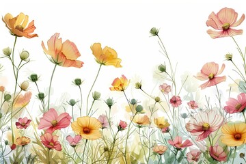 A light and breezy illustration of cosmos flowers, rendered in watercolor, capturing the warmth and brightness of a sunny day.