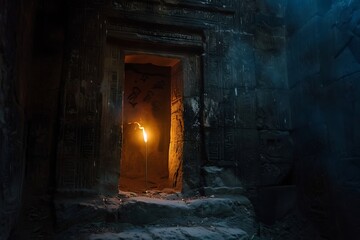 A torch lighting up a forgotten tomb's entrance - obrazy, fototapety, plakaty