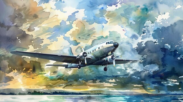 Watercolor painting of a Douglas DC-6 flying high above a serene lake, fluffy white clouds and vibrant sky creating a backdrop of freedom and exploration