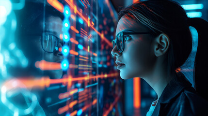 AI cyber security threat illustration, American female IT specialist analyzing data information technology, augmented reality artificial intelligence collage, side profile, copy space