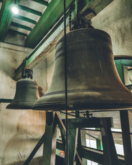 Vintage large bells at an old mosque in Hooghly, West Bengal, India in January 2023....