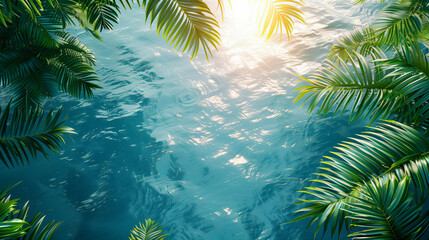 3d render azzure sea surface wirh sun reflections in the middle, surrounded by lush green tropical leaves and palms . top view, flat lay. space for text or product mockup. nature concept

