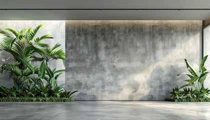 Blank concrete wall in modern empty room with tropical plant garden Luxury house interior with green palm trees Minimal architecture design
