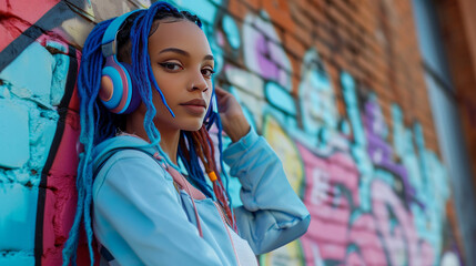 Fototapeta premium african american urban woman with dreadlocks and headphones on the street