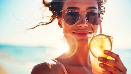 Close up portrait of a beautiful young woman with sunglasses drinking a cocktail at the beach