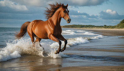Chestnut horse galloping on shore fragment of painting